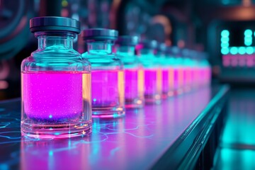 In a high-tech lab, glowing futuristic capsules symbolize innovation, modern medicine, and the future of pharmaceutical development