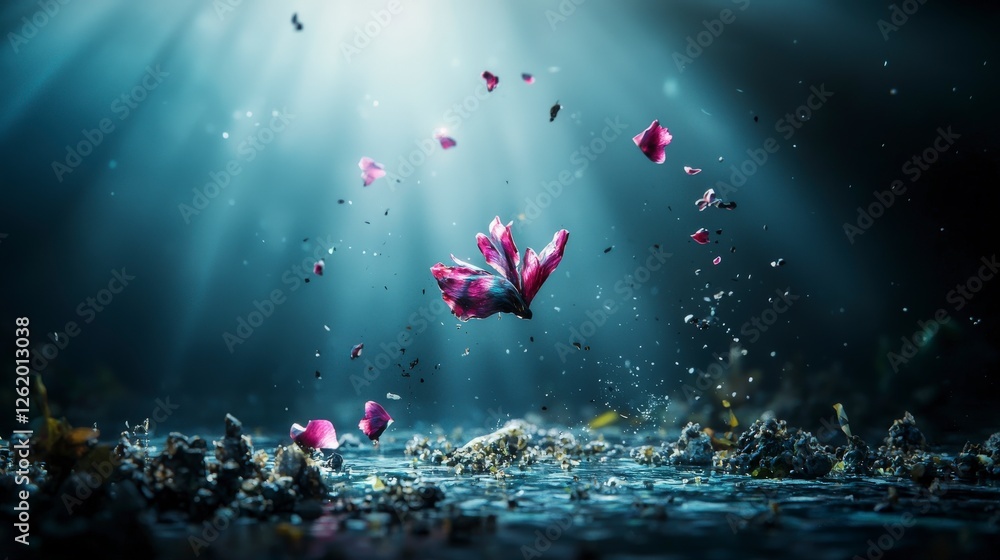 Poster falling fragments of longing underwater serenity digital art mystical environment ethereal viewpoint