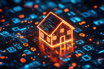 Obraz premium Glowing digital house icon on a futuristic circuit board background symbolizing smart home technology and innovation.