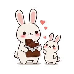 Obraz premium Cute Bunny Sharing Chocolate Bar - Cartoon Illustration