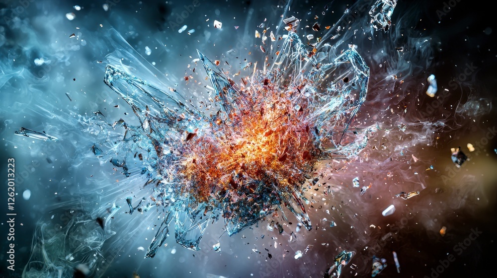 Poster explosive fragments of hope breaking apart in a cosmic void abstract art vivid colors dynamic compos