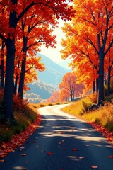 Autumnal Road Winding Through a Vibrant Forest of Crimson and Gold Trees