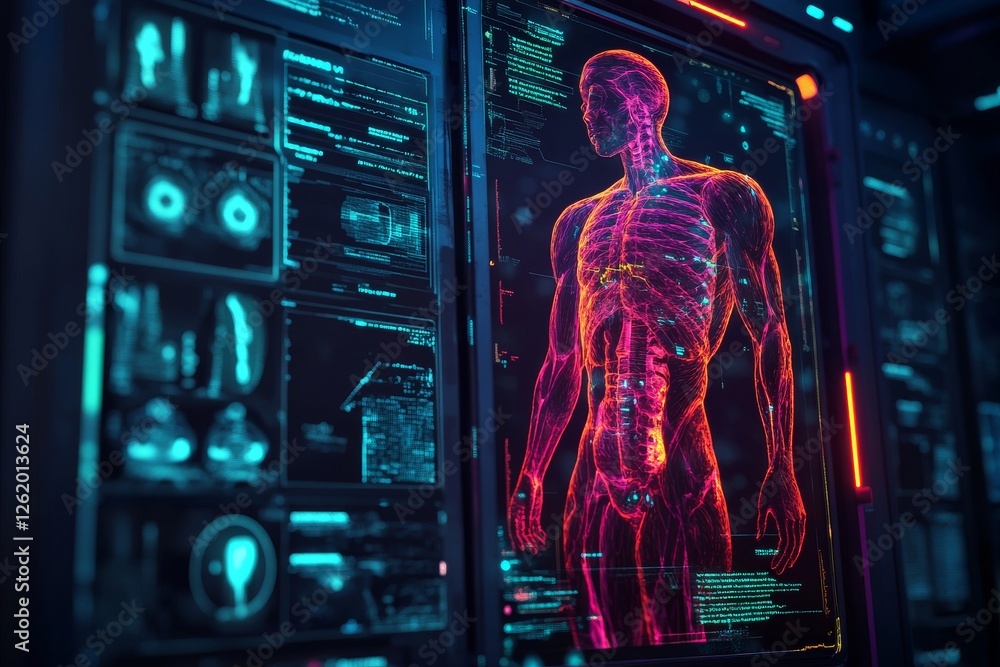 Poster digital healthcare and network connections on a hologram modern virtual screen interface integrate w