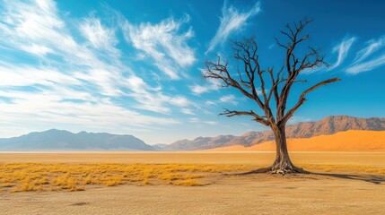 Dead tree desert landscape, mountains background, travel photography