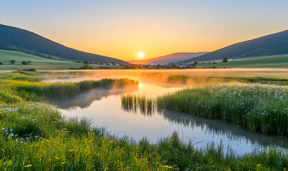 Fototapeta premium Serene sunrise over misty river valley, idyllic rural landscape with wildflowers and distant village.