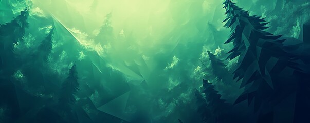 Obraz premium A serene view of a dense forest bathed in dreamy green light, showcasing tall coniferous trees and a tranquil atmosphere, perfect for nature lovers and environmental themes.