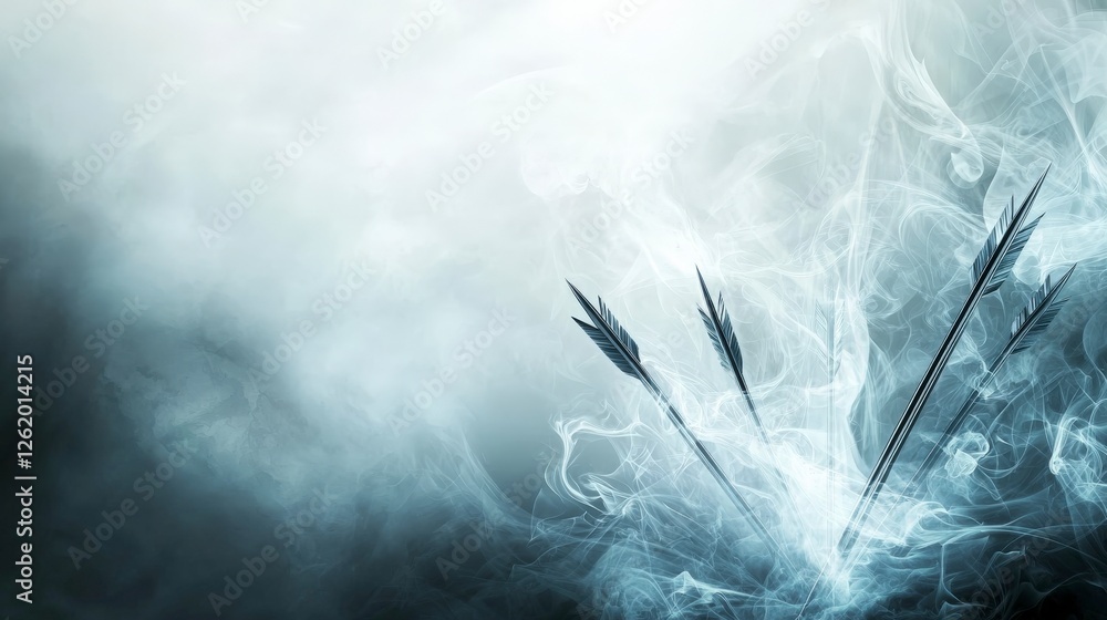 Poster Dynamic arrows of light piercing through dense mist ethereal artwork abstract concept mysterious environment