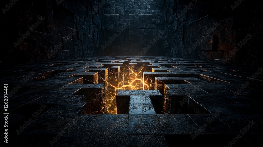 Aufkleber challenging the abyss maze of shadows and light in a dark realm digital art mysterious atmosphere