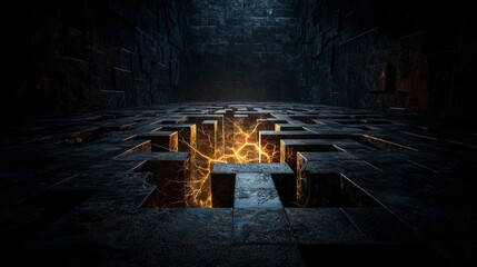 Obraz premium Challenging the abyss maze of shadows and light in a dark realm digital art mysterious atmosphere