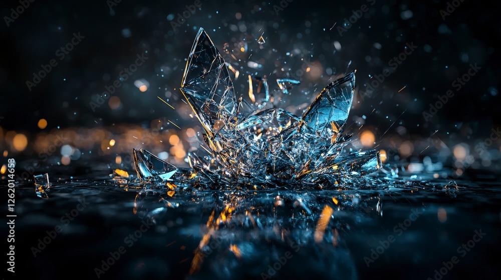 Poster shattered glass fragments reflecting soft rhythmic pulse abstract art studio close-up artistic conce