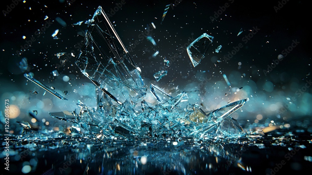 Poster urban nighttime abstract shattered glass fragments reflecting rhythmic pulses in a macro photography