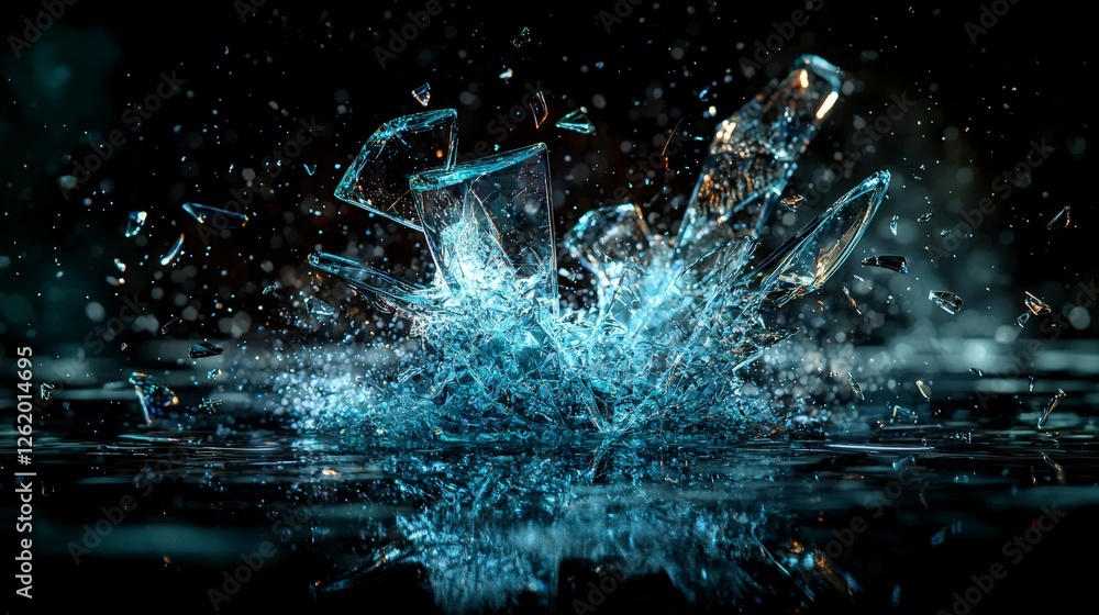 Aufkleber Shattered glass fragments reflecting soft rhythmic pulses industrial setting high-resolution image dark background