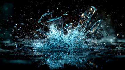 Obraz premium Shattered glass fragments reflecting soft rhythmic pulses industrial setting high-resolution image dark background