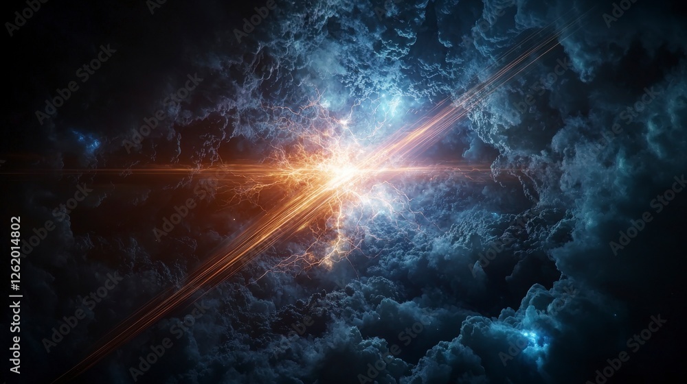 Poster dynamic energy burst in cloudy skies cosmic scene digital art nighttime aerial view abstract concept