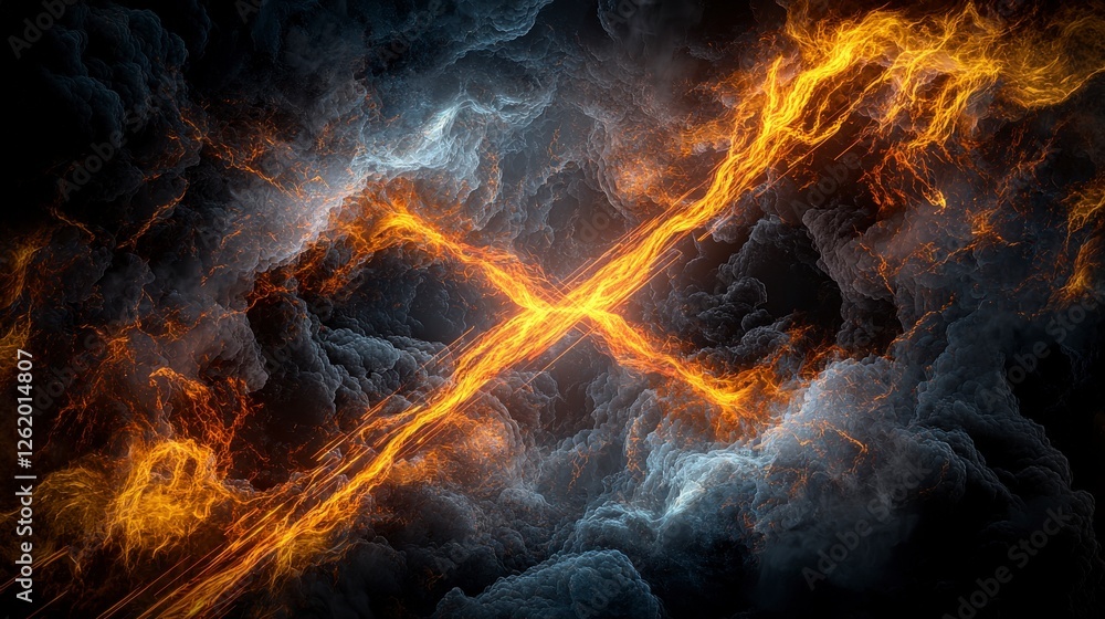 Poster dynamic diagonal streaks in fiery clouds abstract design digital art dramatic atmosphere close-up vi