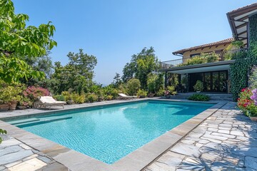 Luxury villa with swimming pool and stunning garden view.