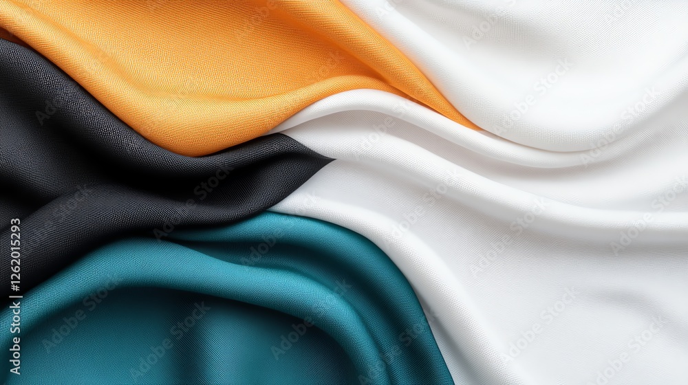 Poster abstract colorful fabric folds in teal, orange, black, and white creating a dynamic and textured bac