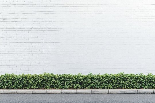 Fototapeta White brick wall, green hedge, street, urban background, design