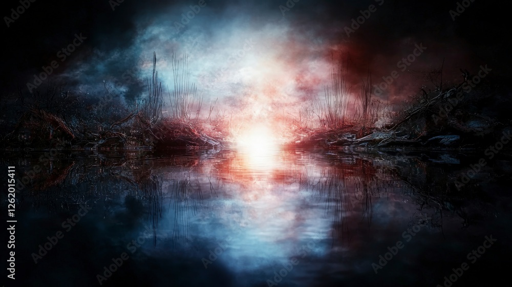 Poster surreal light reflections in a mystical dreamlike landscape a tranquil environment concept