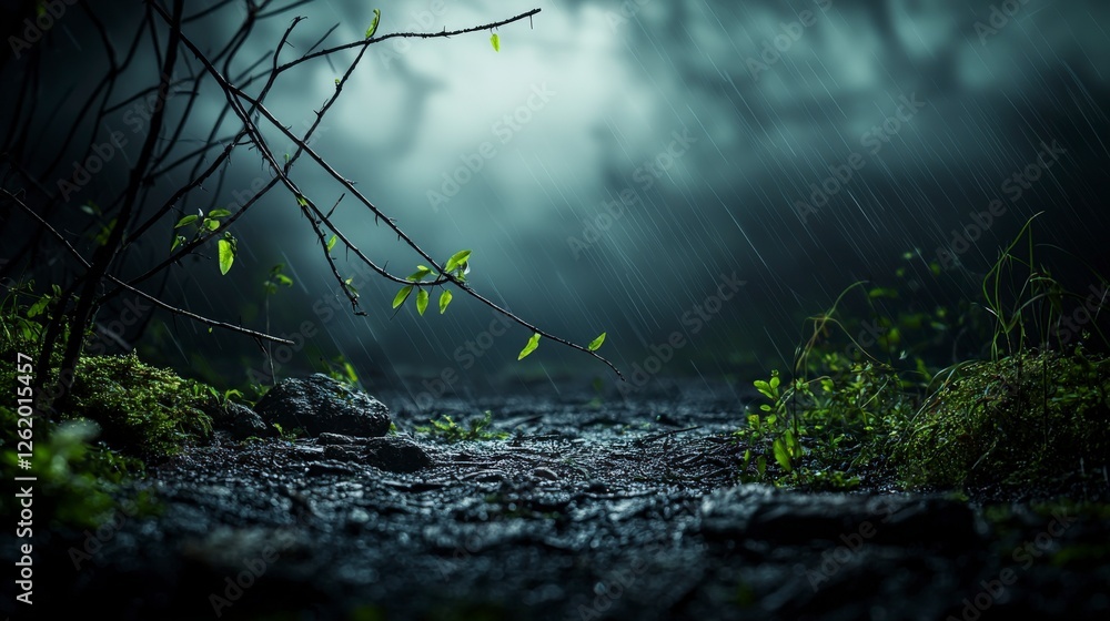 Poster Surreal nature path enchanted forest photography dreamlike atmosphere low angle parallel lines exploring tranquility