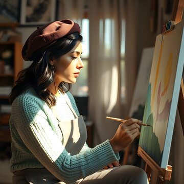 Artista hispana pintando sobre lienzo