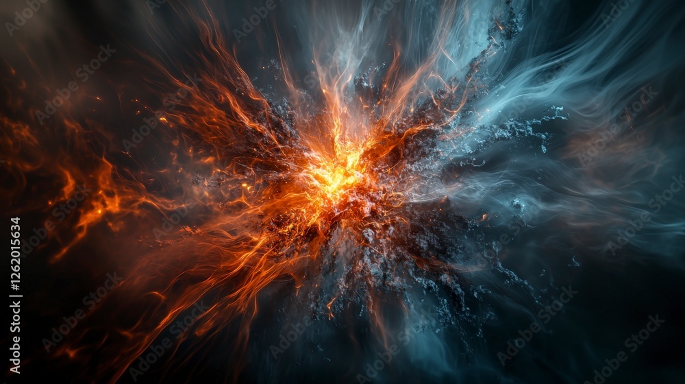 Poster Dynamic energy burst abstract art digital creation dark environment close-up view visual impact
