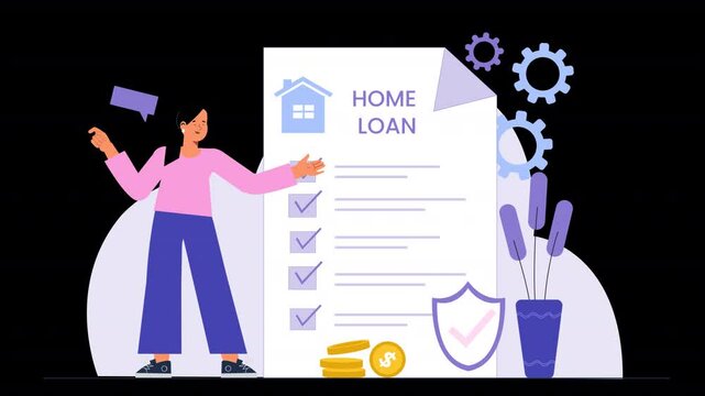 A flat character animation scene illustrating the loan operation process, from application to approval, helping users understand financial steps in a simple and engaging way.