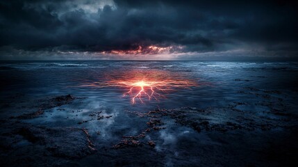 Fototapeta premium Electric ripples emerge from vast barren ocean surreal lightning show coastal landscape atmospheric viewpoint
