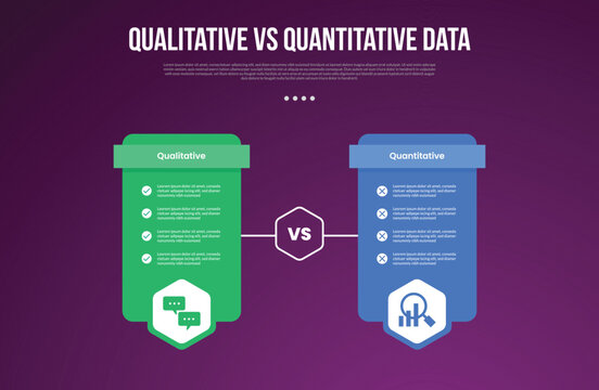qualitative vs quantitative data infographic outline style with 2 point comparison template with table price box with hexagon badge for slide presentation