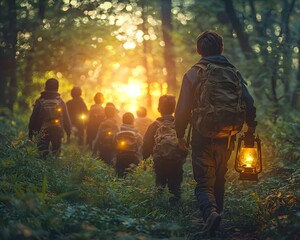 Fototapeta premium Teacher Guiding Students Through Vibrant Forest of Discovery with Glowing Lantern
