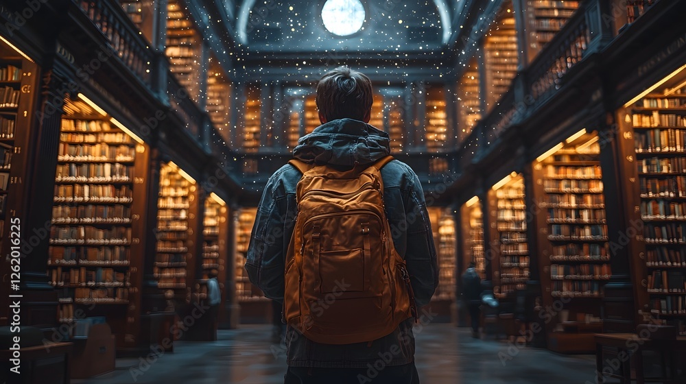 Aufkleber student unlocking glowing door in library stepping into realm of floating knowledge and endless