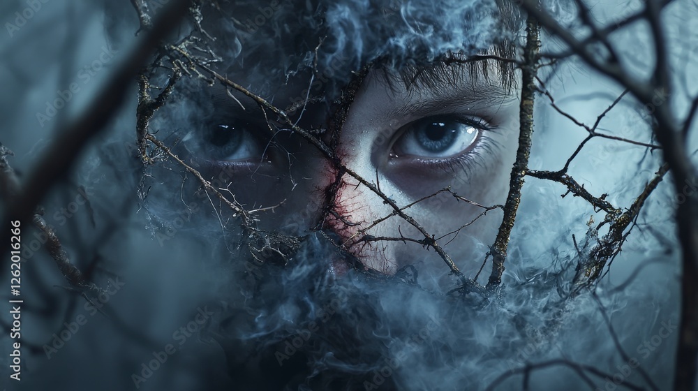 Poster A solitary figure in a misty forest emotion enigmatic landscape surreal environment intimate perspective