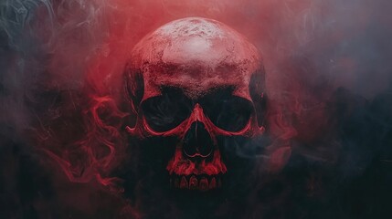 A dramatic red and black skull surrounded by swirling smoke, evoking a dark atmosphere.