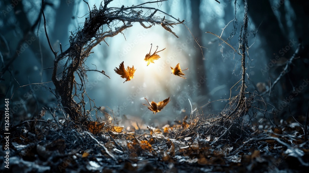 Aufkleber floating leaves of solitude enchanted forest nature scene ethereal glow close-up transience in the a