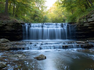 Serene tiered waterfall cascading down rocky ledges into a calm pool, surrounded by lush green autumn foliage.