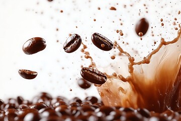 Coffee beans diving into hot coffee, creating a spectacular splash effect, high-speed capture, with an isolated white background for added contrast.