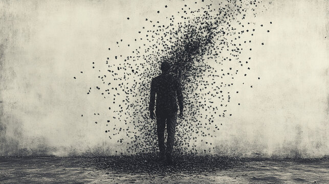 A silhouette of a sad military man with PTSD, formed from falling jigsaw puzzle pieces, symbolizes fragmentation, trauma, and loss of identity Modern bright tone with empty space for text