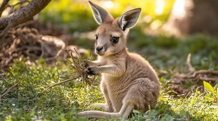 Adorable joey kangaroo sitting in grass, holding twigs.