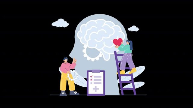 A 2D flat character animation that focuses on mental health awareness, showing individuals practicing mindfulness, therapy, and self-care in a calming, approachable style.