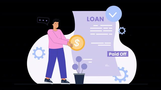 Vector character animation explaining the loan operation process, highlighting the key stages such as application, approval, and repayment, with characters guiding viewers through each step.