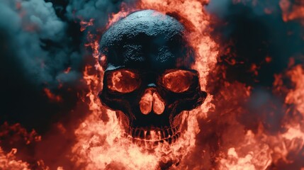 A fiery skull surrounded by flames and smoke, evoking themes of danger and intensity.