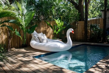 Obraz premium White swan-shaped pool float in a backyard pool, surrounded by lush tropical plants and bamboo fence.
