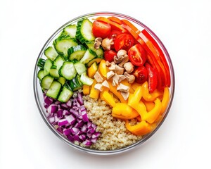 a vibrant rainbow salad with fresh vegetables and quinoa, healthy superfood dish, isolated on white background