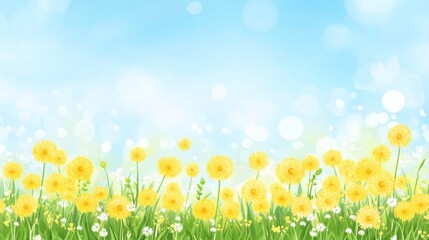 Fototapeta premium Beautiful meadow field with lush green grass and bright yellow dandelion flowers under a clear blue sky with fluffy clouds. Idyllic spring and summer nature landscape full of freshness and tranquility