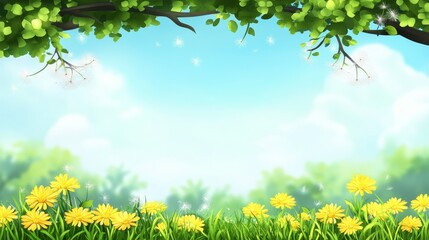 Obraz premium Beautiful meadow field with lush green grass and bright yellow dandelion flowers under a clear blue sky with fluffy clouds. Idyllic spring and summer nature landscape full of freshness and tranquility