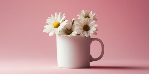 Vase of flowers in mugs on pink surface.