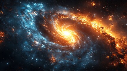 Obraz premium Cosmic Dance of Fire and Ice: A breathtaking, swirling spiral galaxy with vibrant hues of blue and orange, showcasing the cosmic dance of creation and destruction.