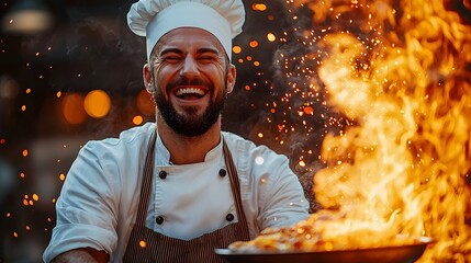 Confident and Passionate Chef Flipping Glowing Omelet in Vibrant Kitchen