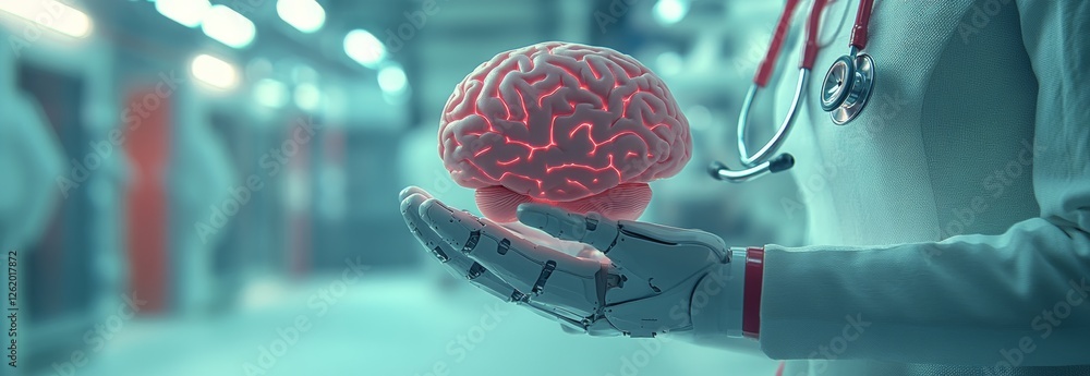 Poster in an abstract setting, a doctor analyzes brain testing results via a computer interface, showcasing