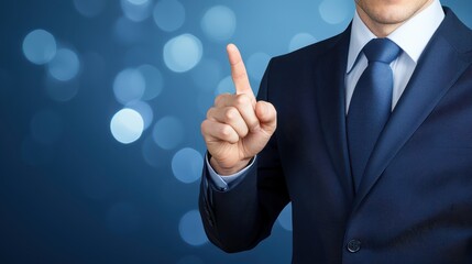 Confident businessman in suit points with precision, demonstrating leadership and expertise in corporate setting